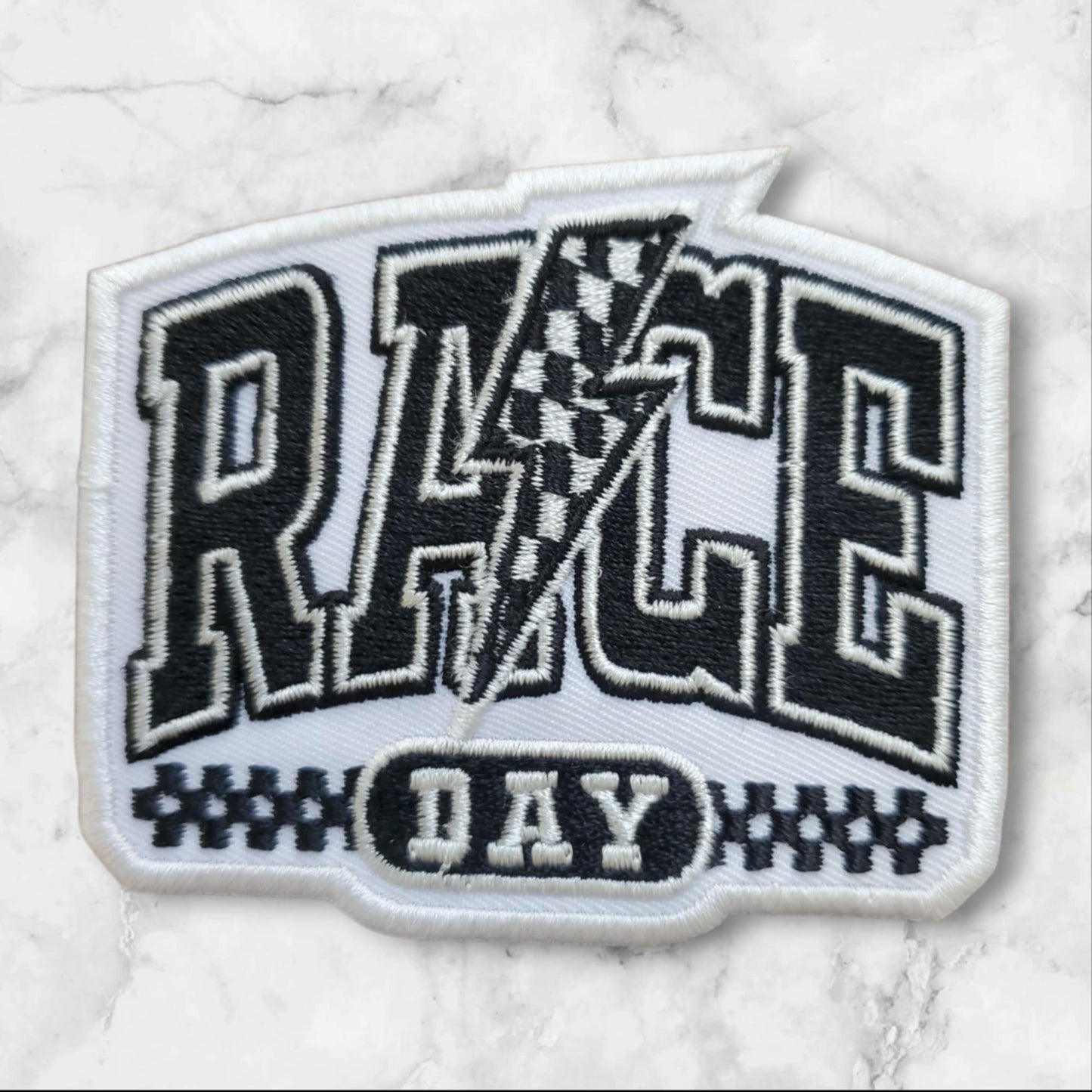 Race Day Patch - Black and White Checkered Flag Embroidered Iron-On