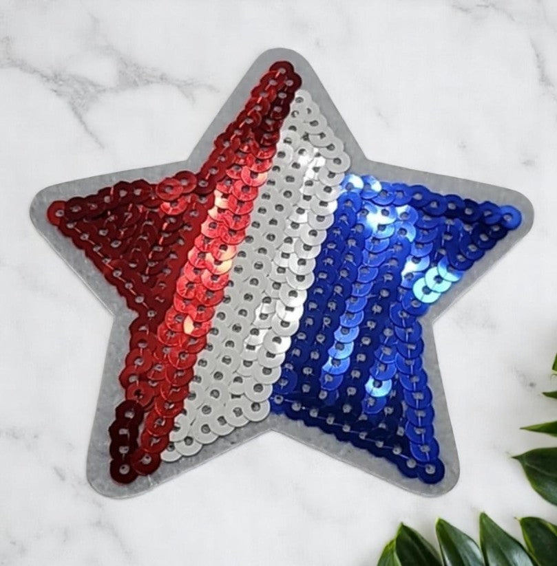 Patriotic Red, White & Blue Embroidered Sequin Star – Iron-On Patch