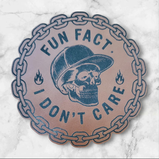 Fun Fact I Don’t Care Patch – Round Iron-On Leatherette Skull Hat Patch
