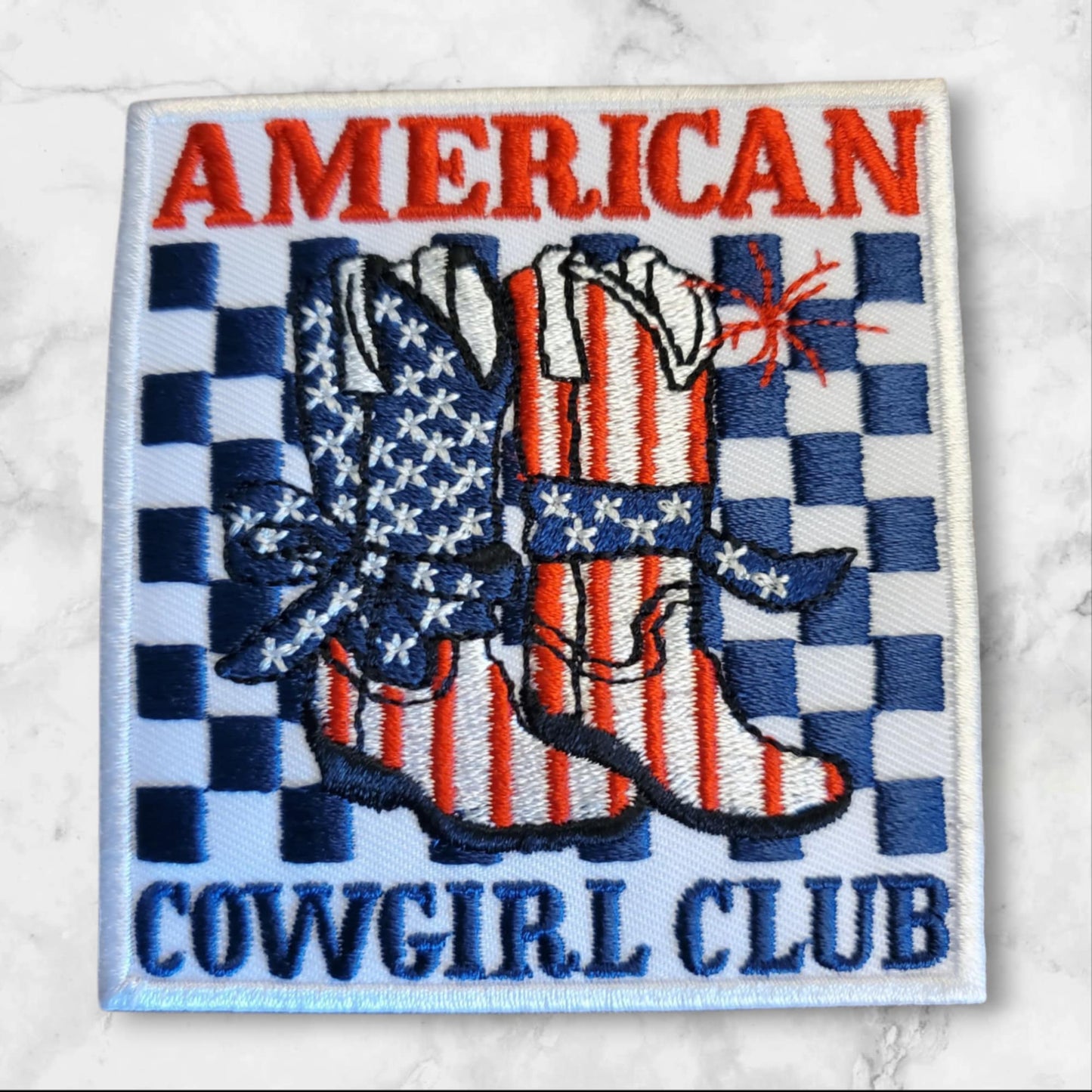 American Cowgirl Club Patriotic Embroidered Patch - Stars & Stripes Western Boot Design