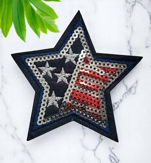 ⭐ Patriotic Red, White & Blue Embroidered Sequin Star – Iron-On Patch