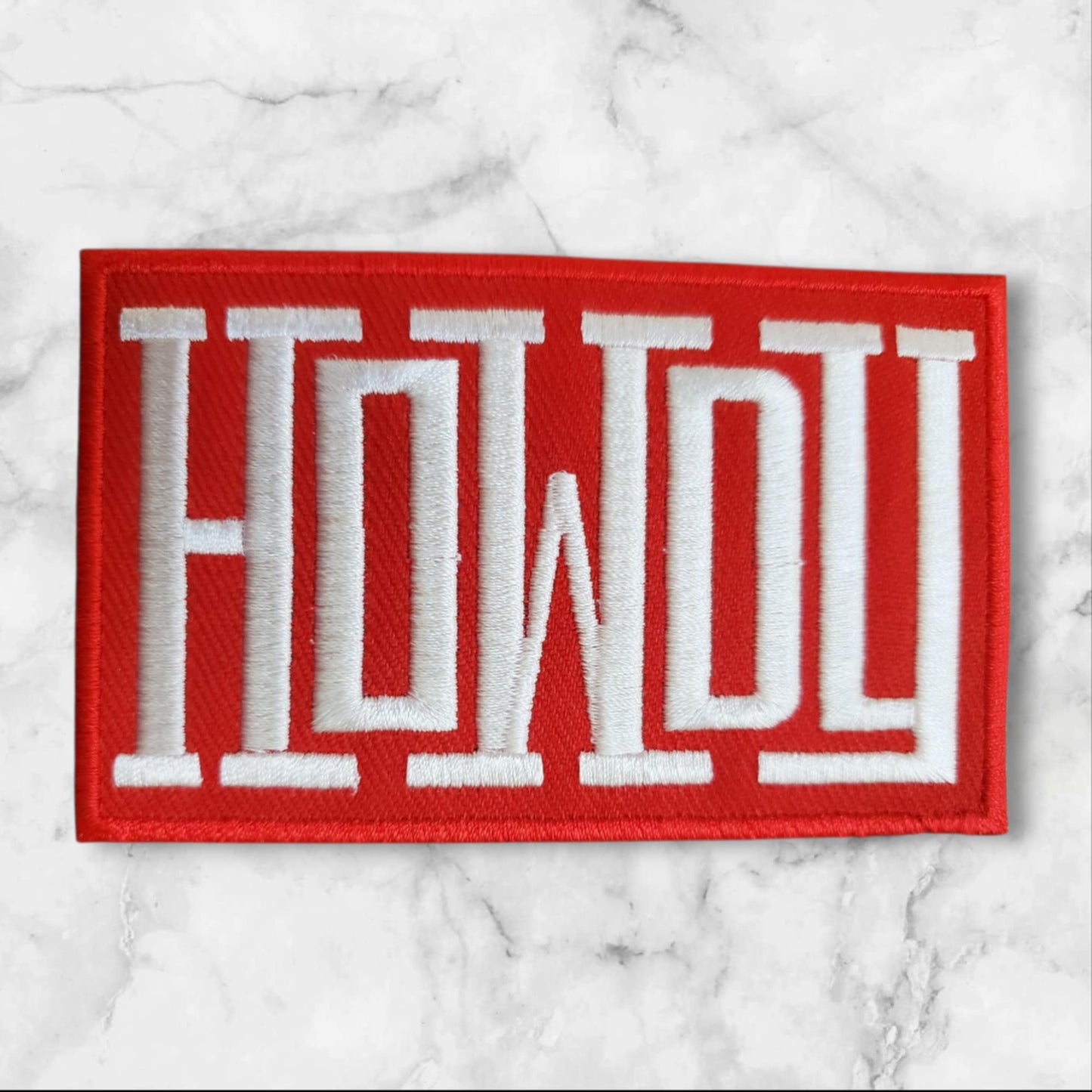 Large Red Howdy Rectangle Embroidery Patch - Bold Western Statement Piece