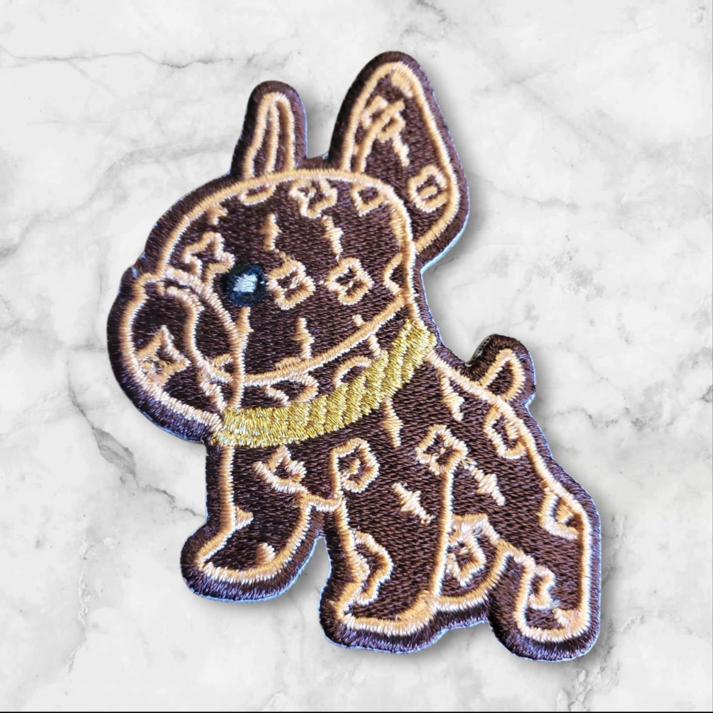 Luxury-Style Frenchie Dog Embroidered Patch – Brown & Gold Iron-On | Premium Bulldog Appliqué for Hats, Jackets, and Bags