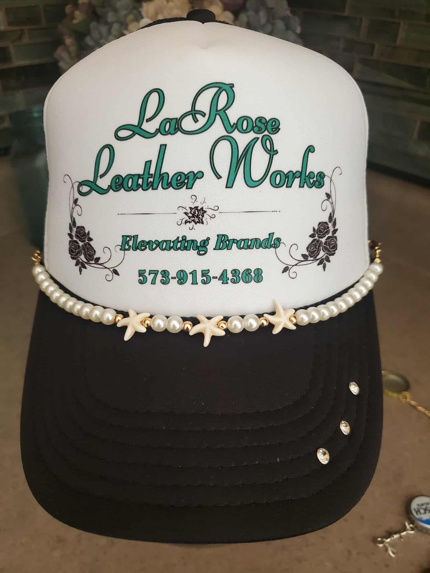 Pearl Hat Chain with Starfish Charms – Coastal Glam Hat Accessory (3 Accent Starfish in the Design)