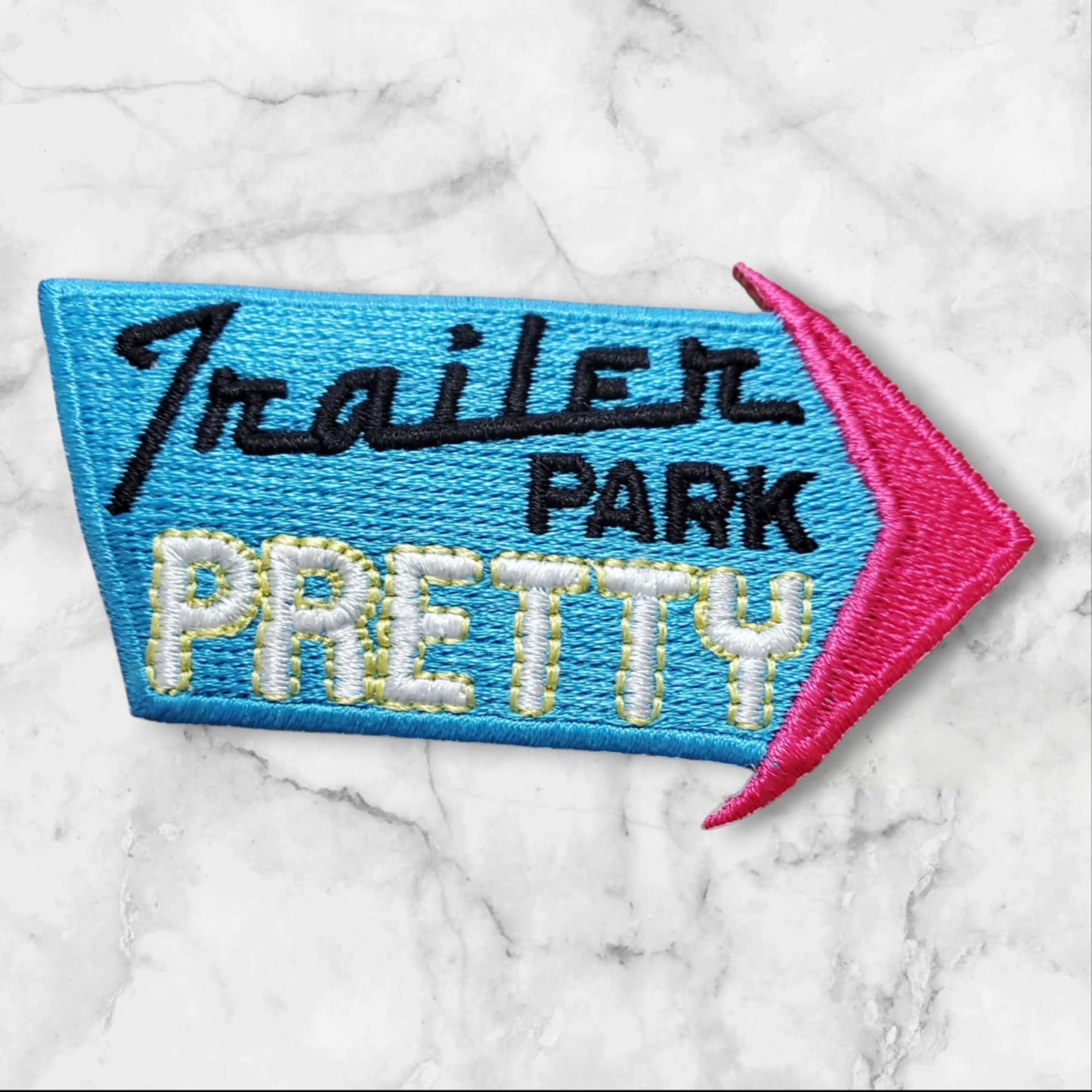 FILLER SIZE, Trailer Park Pretty Retro Arrow Sign Embroidered Patch | Vintage Americana |2 inch filler