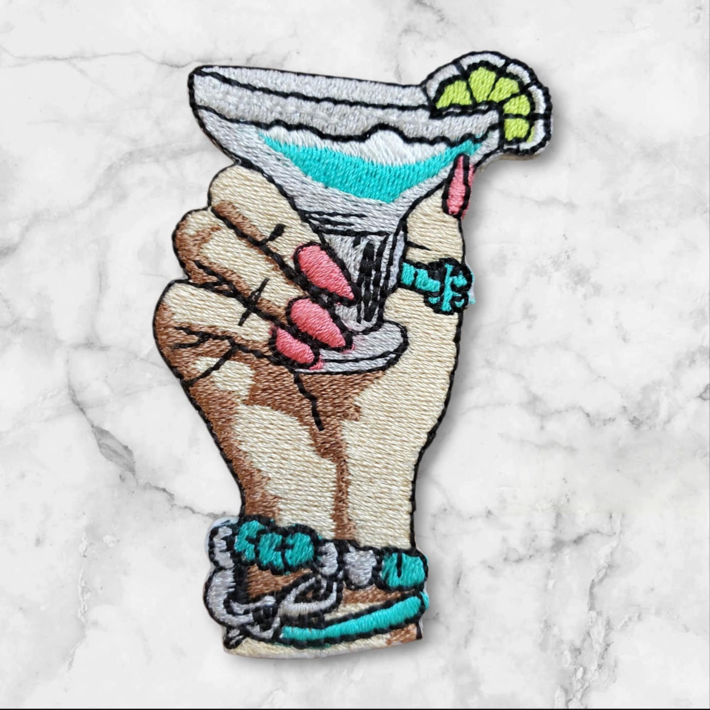 Lady's Hand Margarita Embroidery Patch - Retro Cocktail Trucker Hat Style