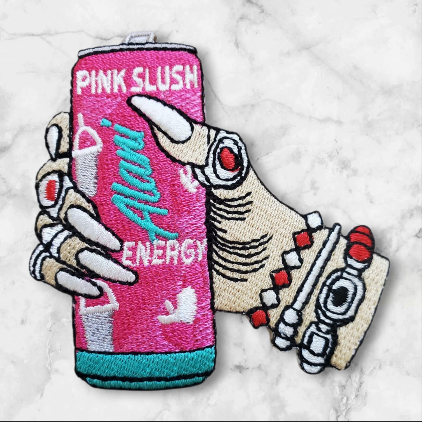 Premium Embroidered Patch – Bejeweled Hand Holding Alani "Pink Slush" Can