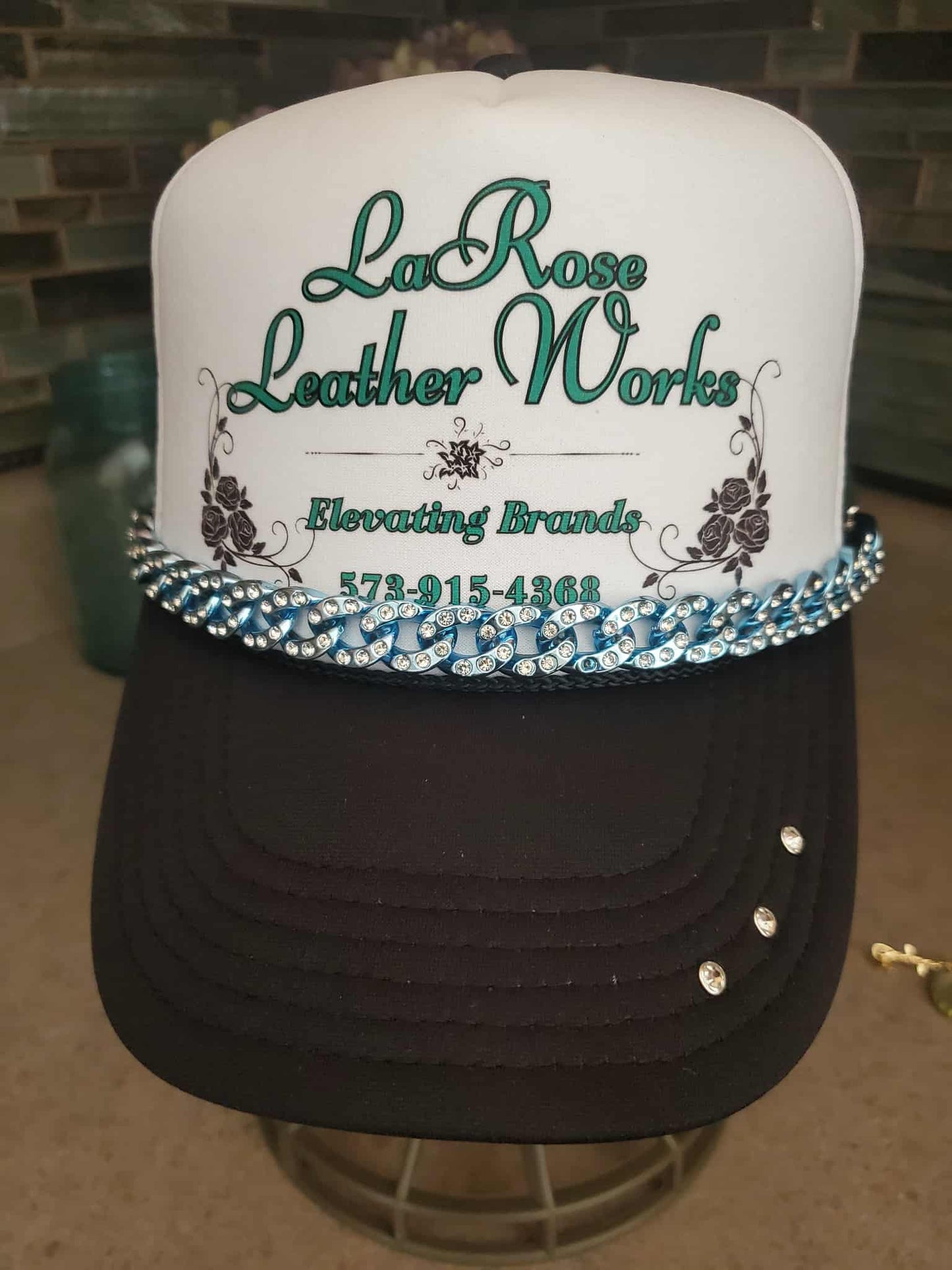 Turquoise Blue Custom Chunky Resin Hat Chain with Rhinestones – Bold, Sparkling Hat Accessory (Multiple Colors Available)