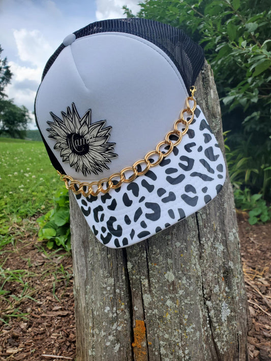 "Mama" Sunflower Trucker Hat – White & Black with Cheetah Print Brim