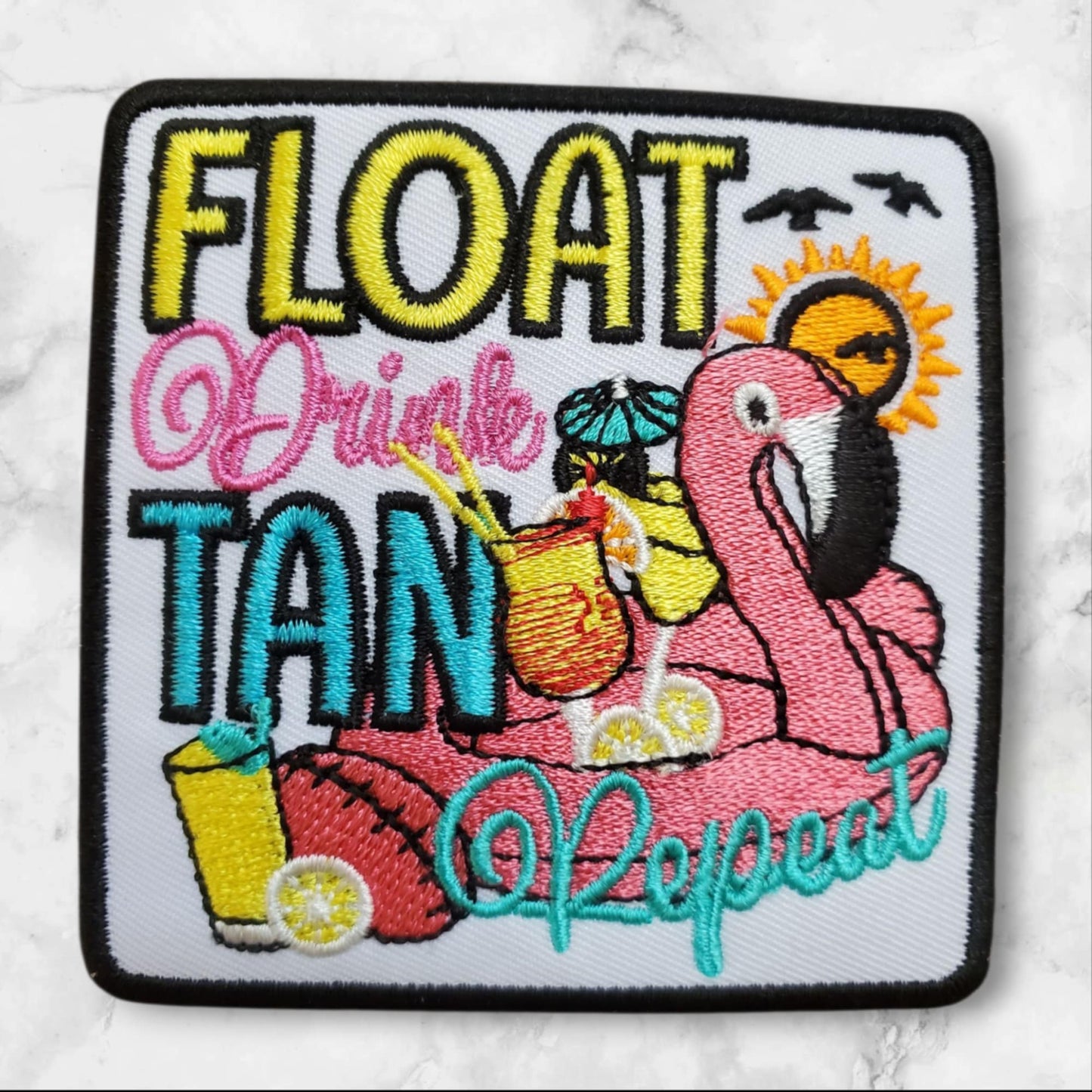Summer Flamingo Patch - Float Drink Tan Repeat Embroidered Iron On Patch for Hats, Bags & Summer Gear - Pool Party Appliqué