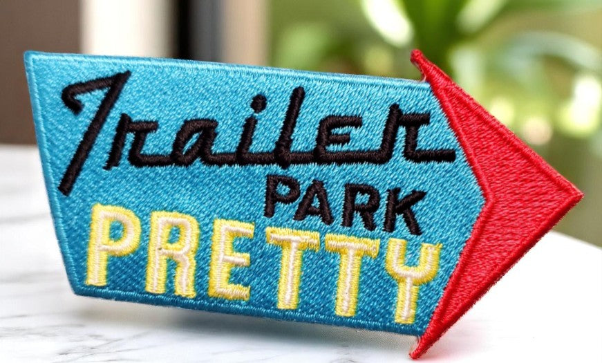 Trailer Park Pretty Retro Arrow Sign Embroidered Patch | Vintage Americana | 3" Iron-On Appliqué
