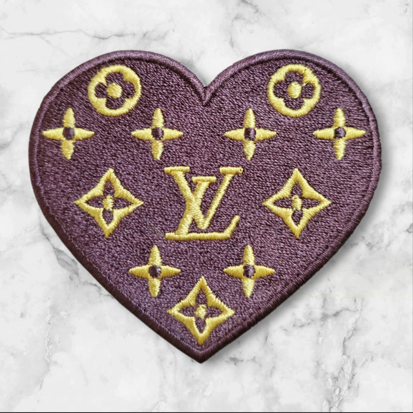 Premium Brown & Gold Lv Heart Inspired Patch - Luxury Designer Inspired Embroidered Iron On Appliqué for Jackets, Bags & Clothing