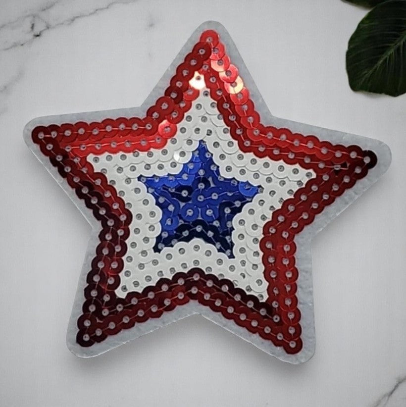 Patriotic Red, White Blue Sequin Star Iron-On Patch