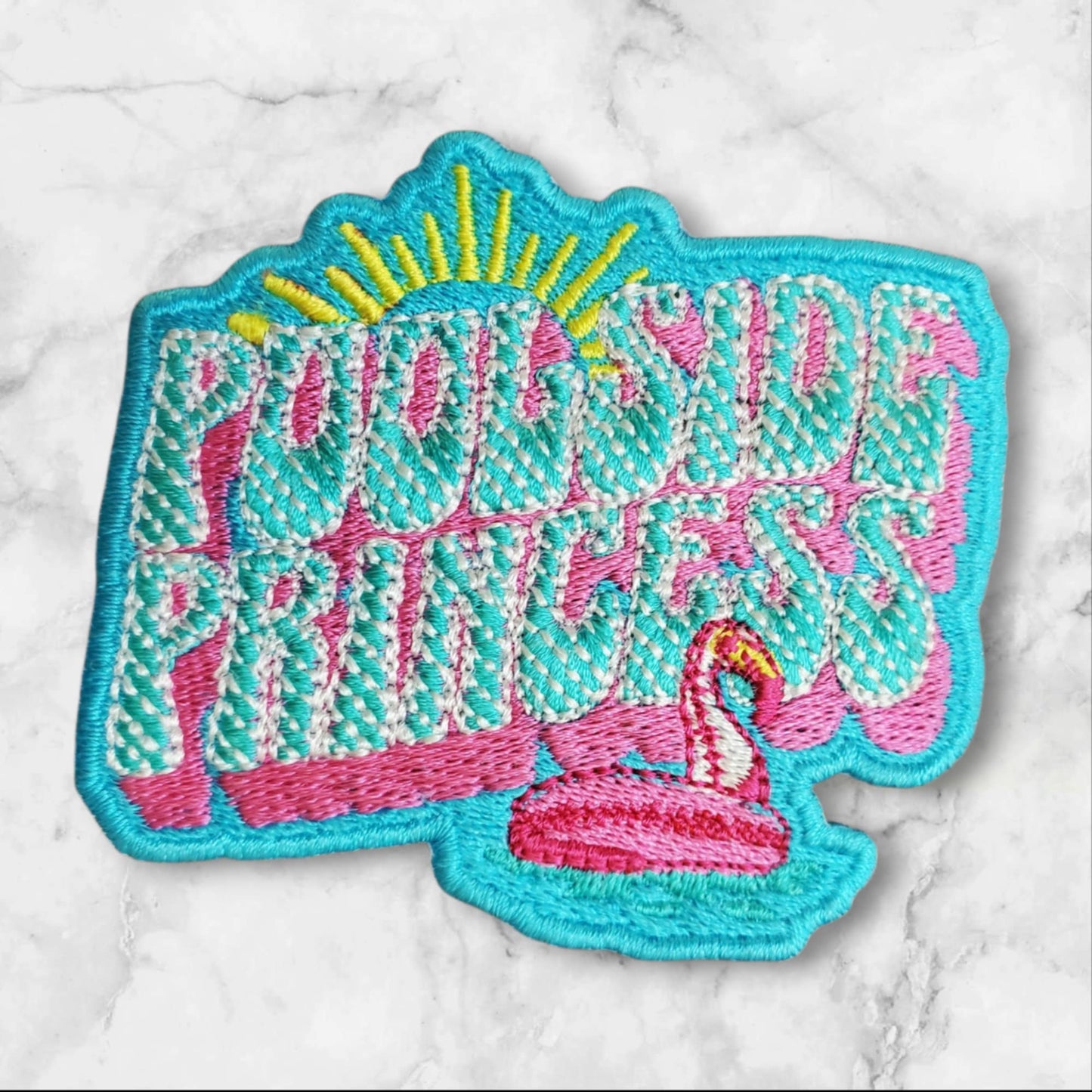 Pool Side Princess Patch - Neon Aqua Blue with Pink Flamingo Float Embroidered