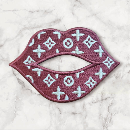 Larger Designer-Inspired Lips Embroidered Patch - Brown and Cream Monogram Pattern