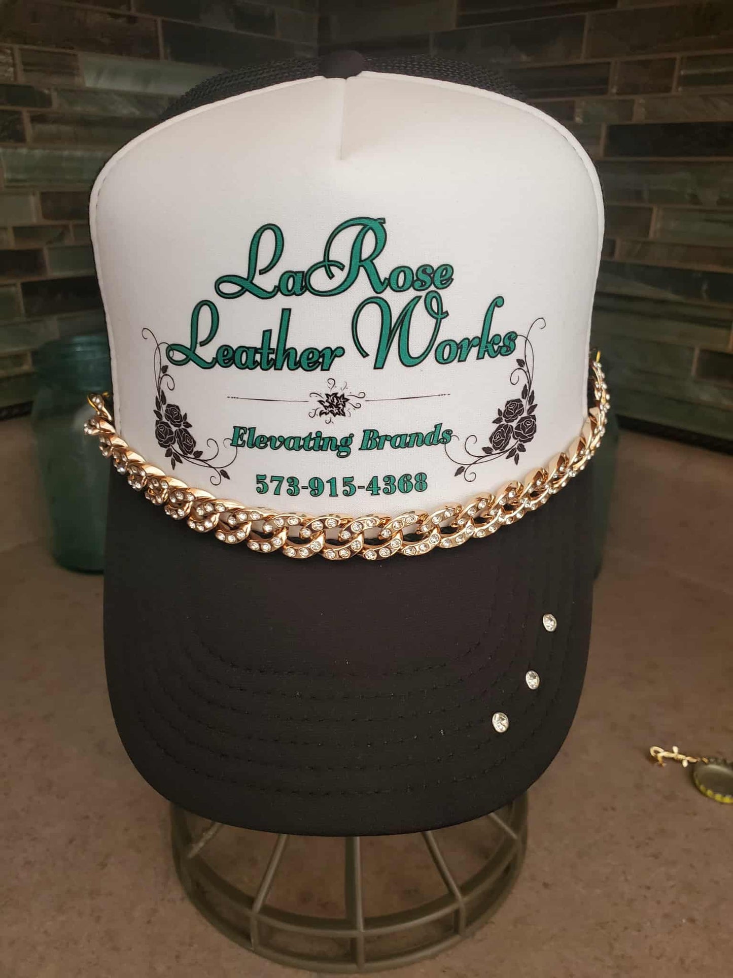 Yellow Gold Custom Chunky Resin Hat Chain with Rhinestones – Bold, Sparkling Hat Accessory (Multiple Colors Available)