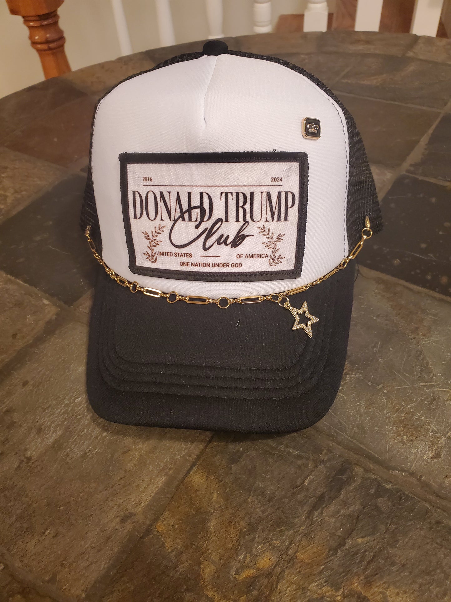Trump Club Trucker Hat,  Black and White 5-Panel Trucker Hat with Trump Club Patch, Rhinestone Star Charm, and Custom Gold Hat Chain