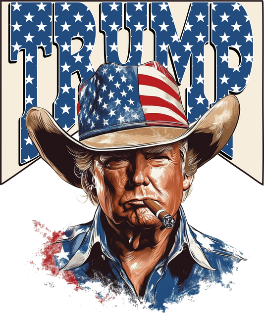 🧢 DTF Transfer – Trump in American Flag Cowboy Hat | Perfect for Trucker Hats