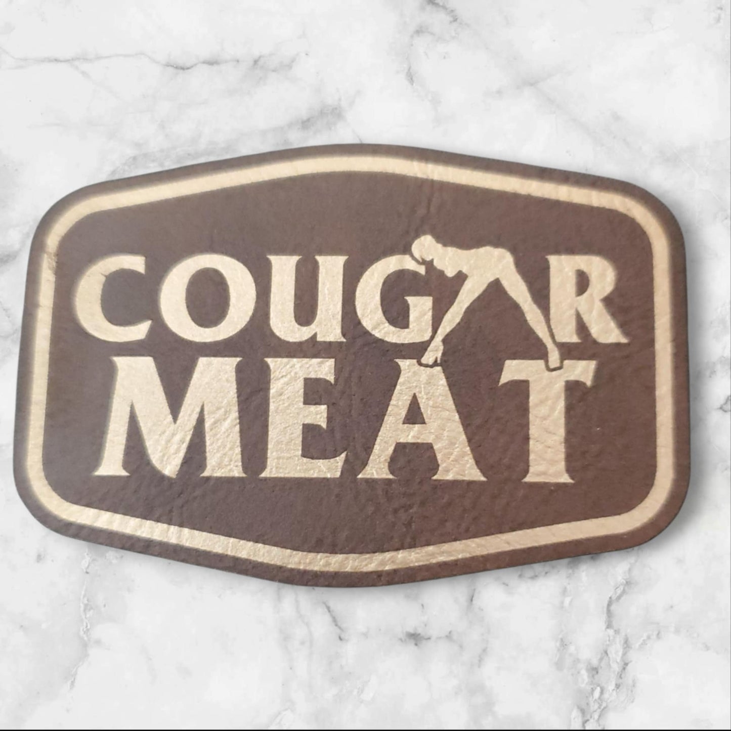 Premium Leather Patch – "COUGAR MEAT" Engraved  Brown and Gold