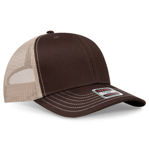 OTTO CAP 6 Panel Mid Profile Mesh Back Trucker Hat (Med Brown/ Khaki)