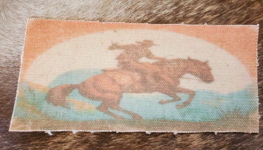 Rustic Iron-On Patches | Handmade Canvas Style Patches with Fringe Edge | Vintage Bronc Rider in Sunset