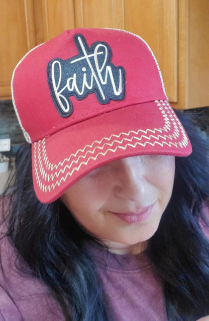 Maroon Trucker Hat with "Faith" Premium Patch