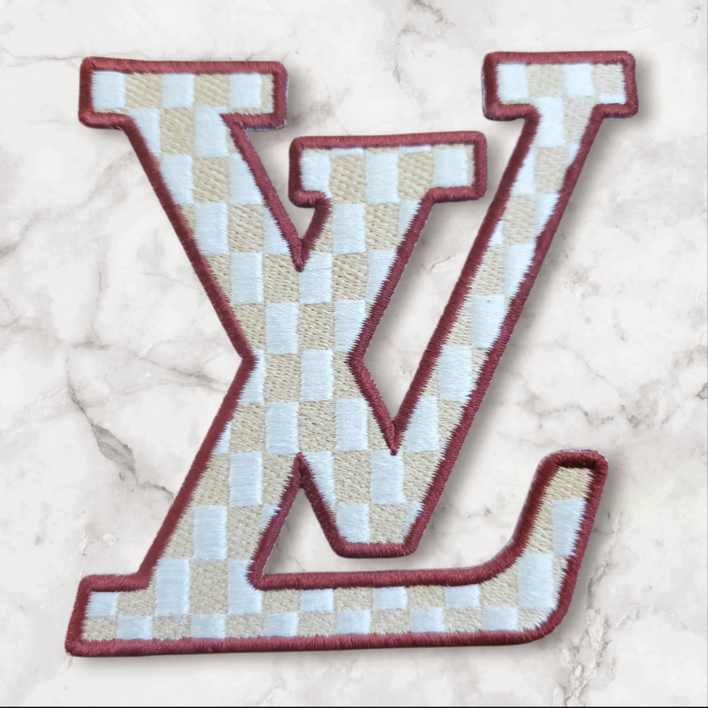 Premium Checkered Monogram Embroidered Patch – Gold & White Iron-On | Luxury-Style Letter Appliqué for Fashion Accessories