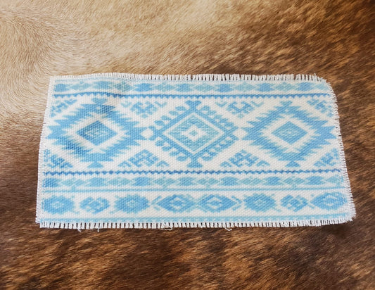 Rustic Iron-On Patches | Handmade Canvas Style Patches with Fringe Edge | Blue Aztec Background