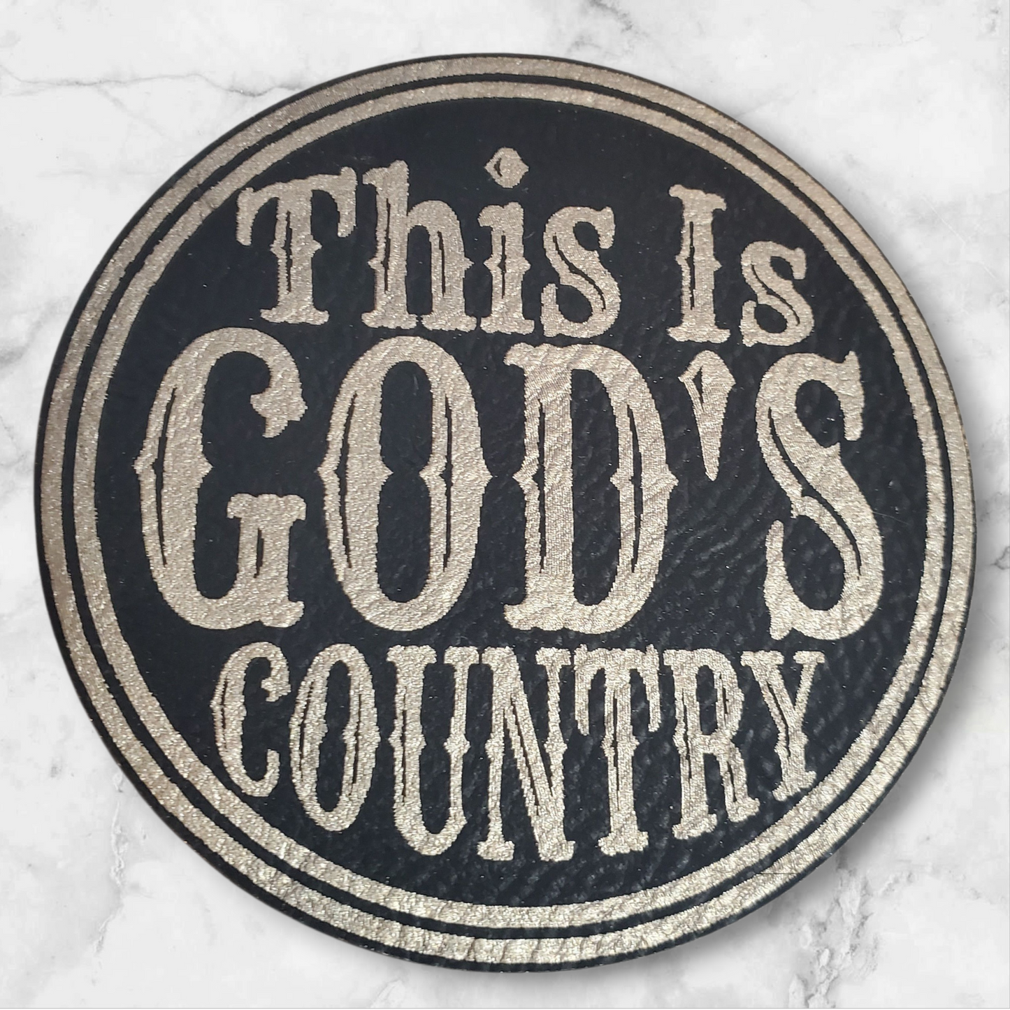 This Is God’s Country Patch – Black & Gold Round Iron-On Leatherette Hat Patch