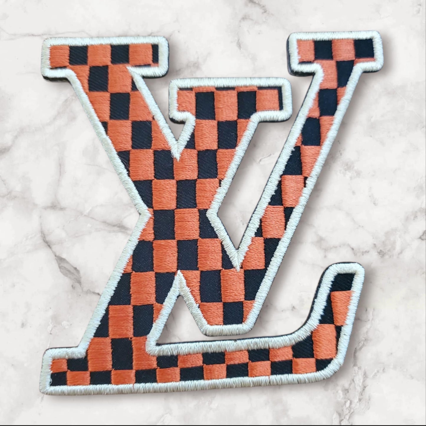 Luxury-Style Embroidered Patch – Dark ORANGE Brown & Black Micro Plaid Iron-On | Premium Custom Appliqué for Hats, Jackets, and Accessories