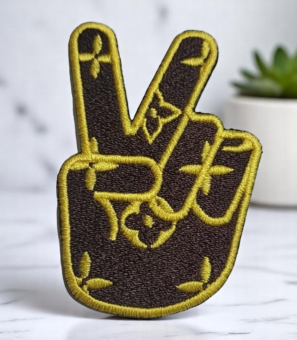 Inspired Peace Fingers Patch – Brown & Gold Embroidered Iron-On | Luxury-Inspired Trucker Hat Patch with Retro Vibes