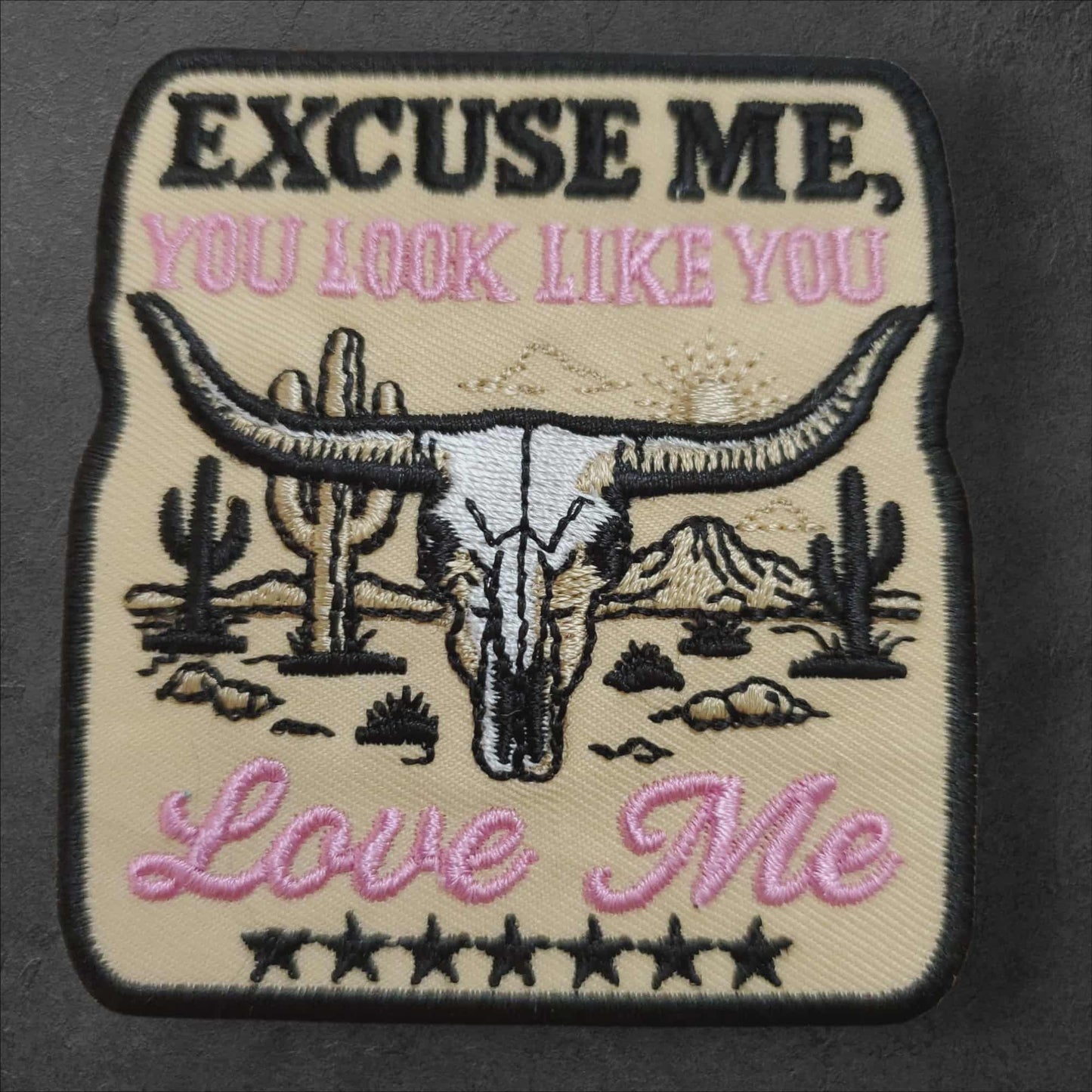 Excuse Me, You Look Like You Love Me — Pink/Sand Southwestern Style Embroidered Iron-On Patch