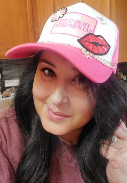 Hot Pink and White Trucker Hat with "Put It on My Husband's Tab" Premium Patch