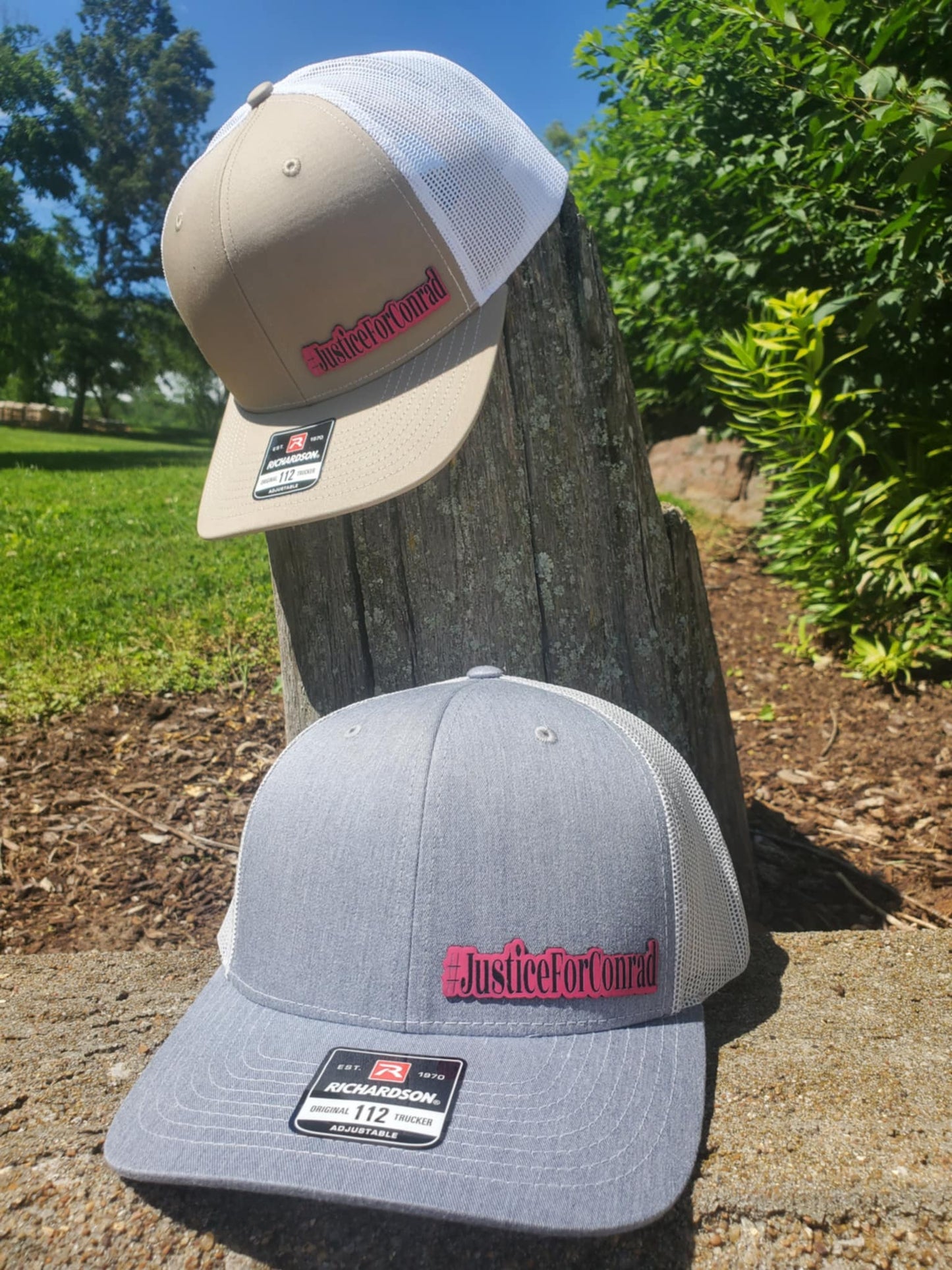 HOT PINK #JusticeForConrad On a Gray and White Richardson 112 Ballcap