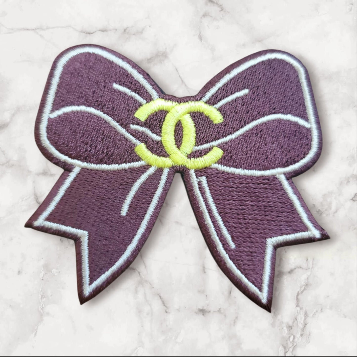 Designer-Inspired Bow Embroidered Patch - Dark Brown with Pastel Yellow-Gold Logo