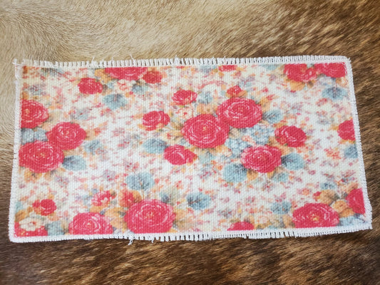 Rustic Iron-On Patches | Handmade Canvas Style Patches with Fringe Edge | Rose Floral Background
