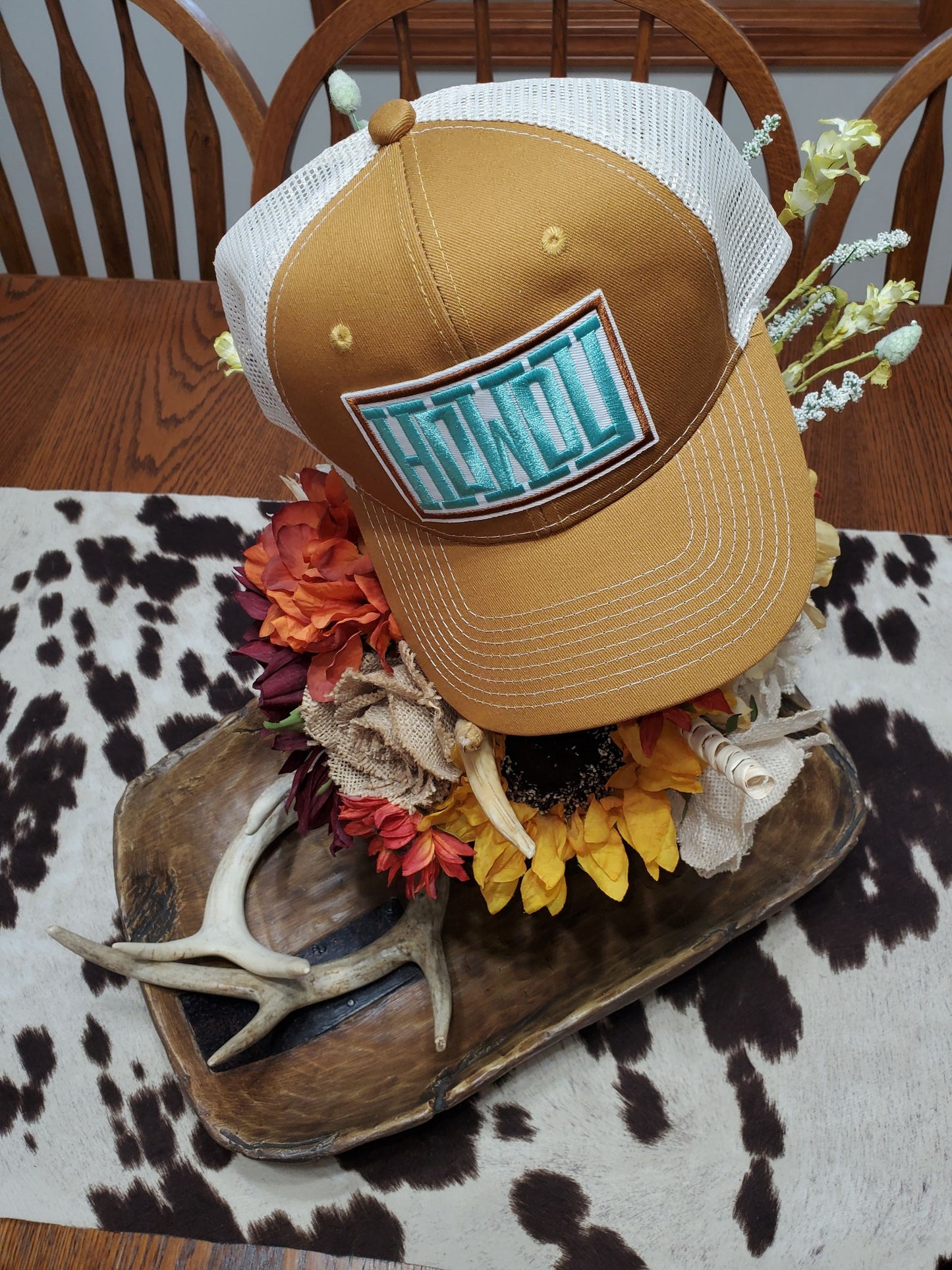 Mustard Snapback with White and Turquoise "Howdy" Patch