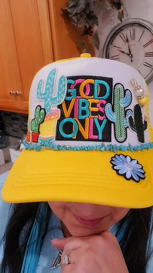 Bright Yellow and White "Good Vibes Only" Trucker Hat