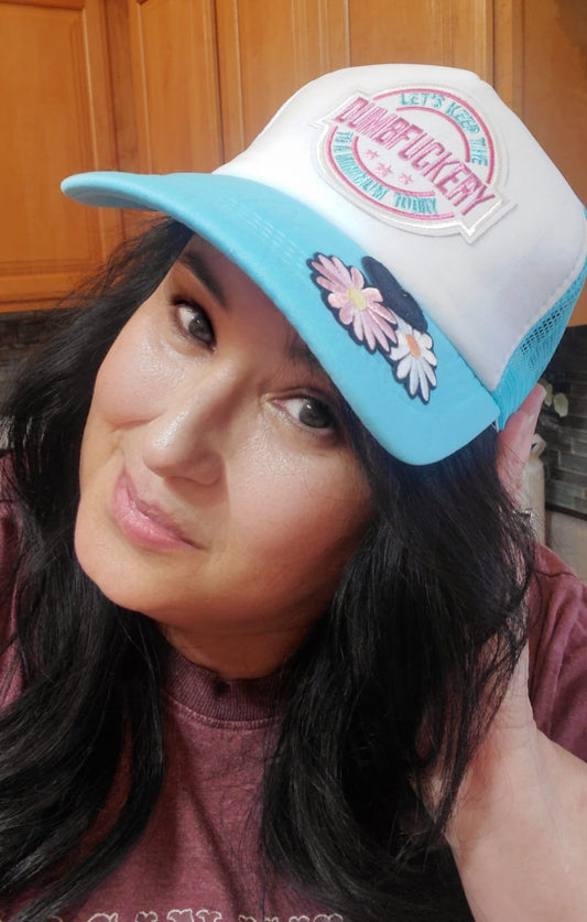 Turquoise Blue and White Trucker Hat with "Dumbfuckery" Patch