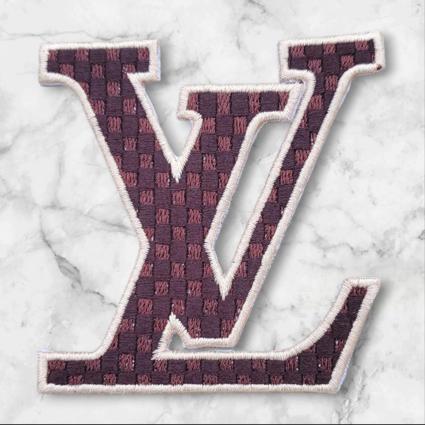 Premium Checkered Monogram Embroidered 3 INCH Patch – 2 TONED BROWN Iron-On | Luxury-Style Letter Appliqué for Fashion Accessories