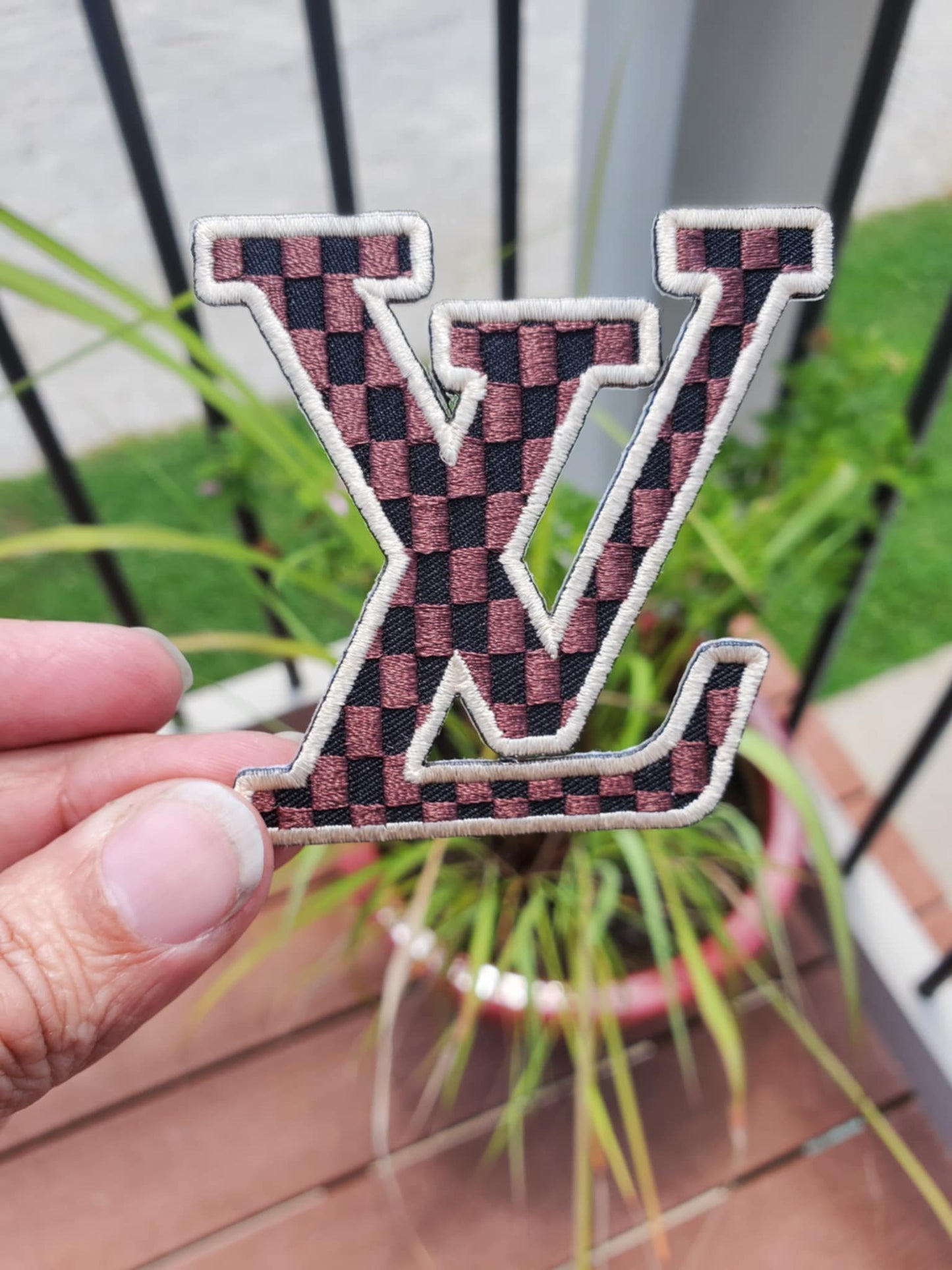 Luxury-Style Embroidered Patch – Brown & Dark Brown Micro Plaid Iron-On | Premium Custom Appliqué for Hats, Jackets, and Accessories