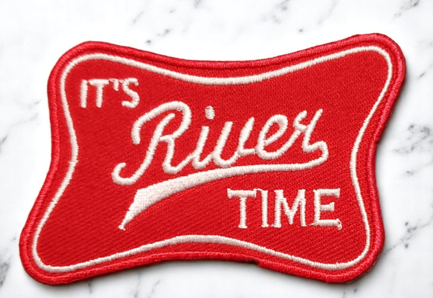"It's River TIME" Retro-Style Embroidered Patch - Vibrant Red with White Lettering
