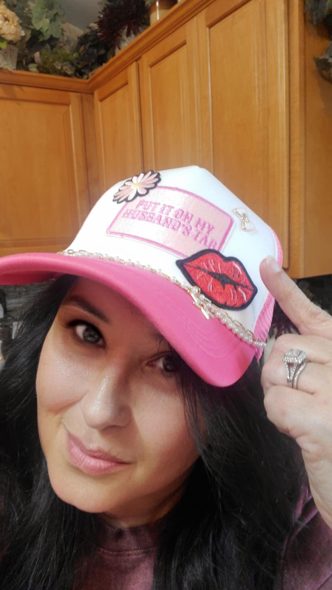 Hot Pink and White Trucker Hat with "Put It on My Husband's Tab" Premium Patch