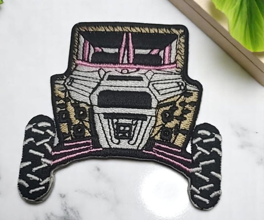 SxS UTV Front View Embroidered Patch | with Pink and Leopard Accent Off-Road Design | 2.58" Iron-On Appliqué