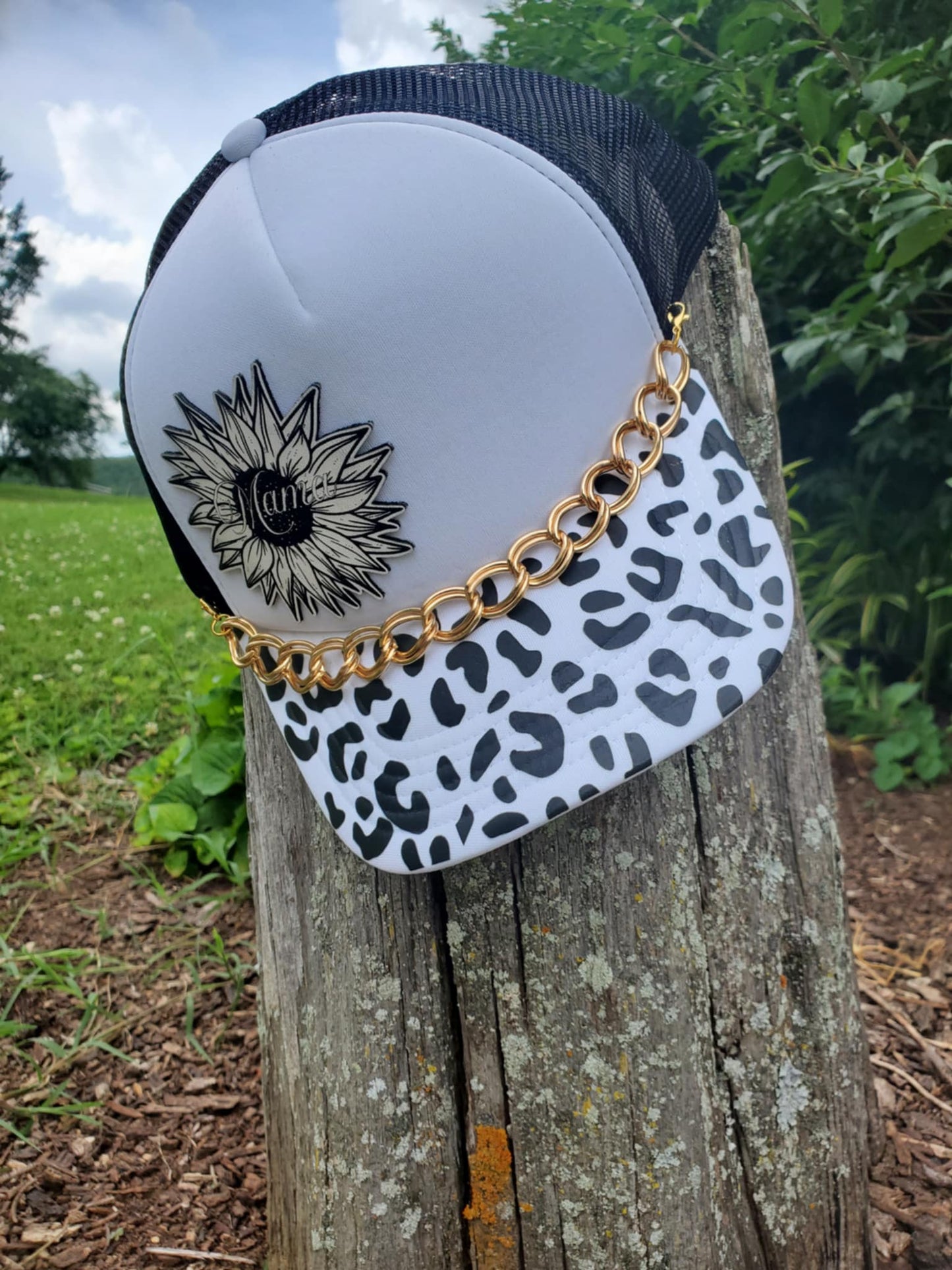 "Mama" Sunflower Trucker Hat – White & Black with Cheetah Print Brim