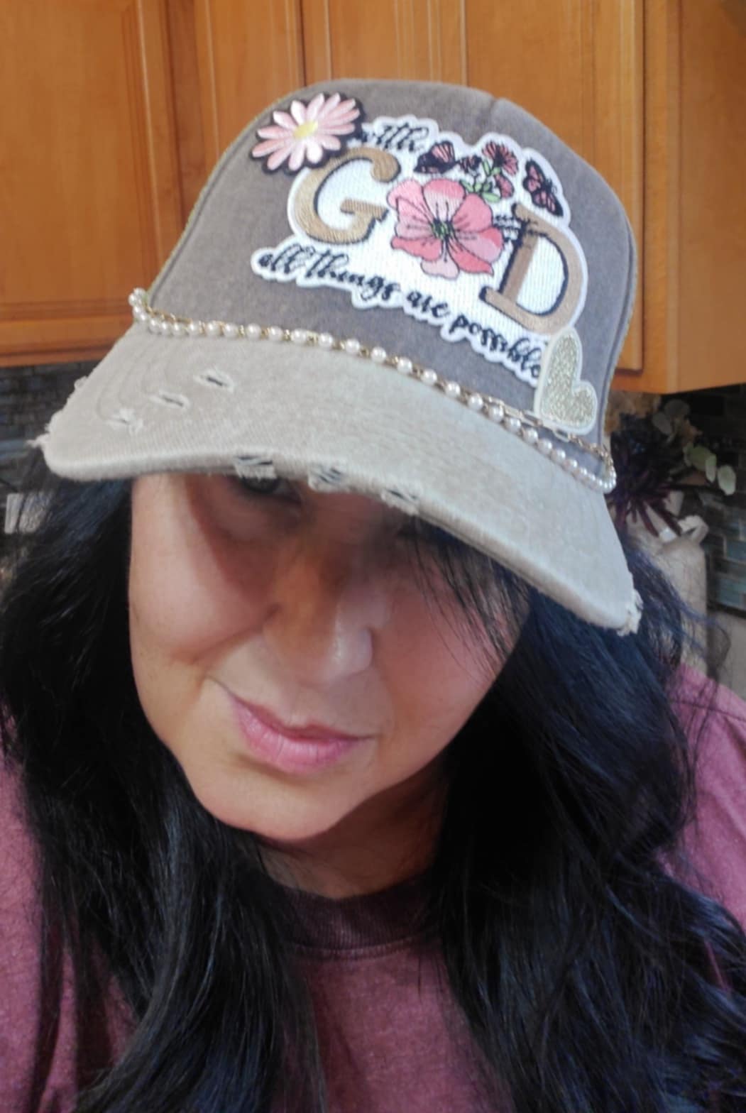 Earth-Tone Distressed Trucker Hat with "With God All Things Are Possible" Patch