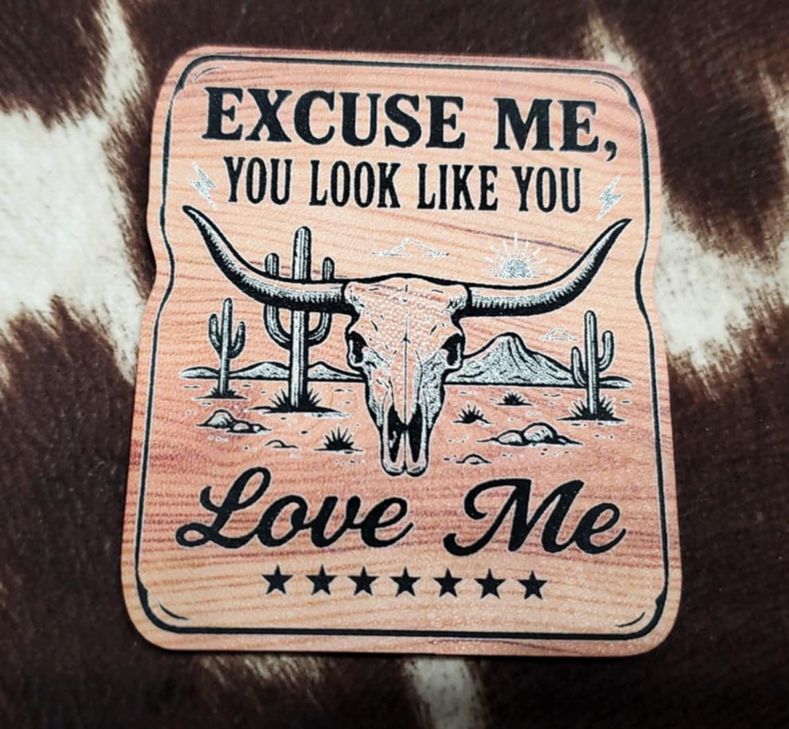 "Excuse Me, You Look Like You Love Me" Leatherette Patch – Southwestern Longhorn Skull, Cactus & Mountains Design  Woodgrain