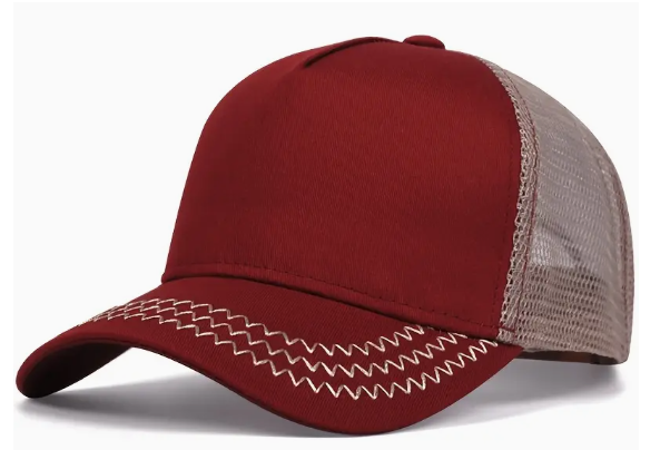 Maroon 5-Panel Hat with Tan Mesh Snapback & Taupe/Gold Zigzag Accent