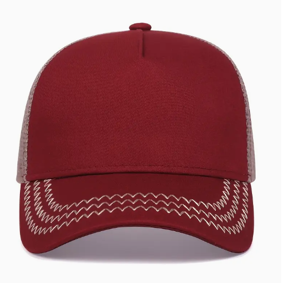 Maroon 5-Panel Hat with Tan Mesh Snapback & Taupe/Gold Zigzag Accent