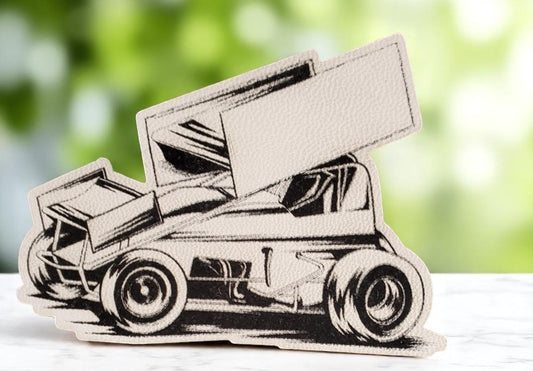 Premium White Laser-Engraved Sprint Car Racing Patch - Leatherette Iron-On